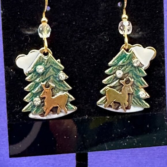 Christmas Earrings Green & White Enamel, Gold-Tone Reindeer w/Crystal Accents - Picture 5 of 10